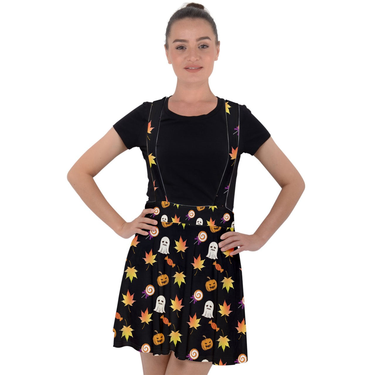 Jack-O Sweet Leaf Velvet Suspender Skater Skirt