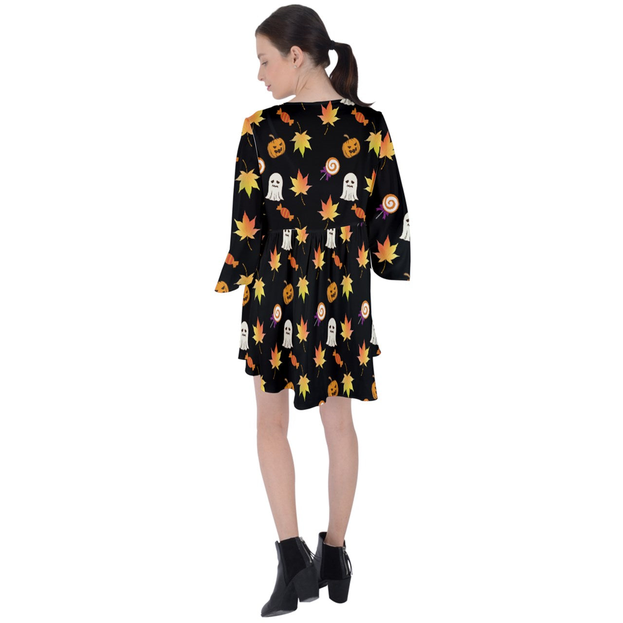 Jack-O Sweet Leaf V-Neck Flare Sleeve Mini Dress