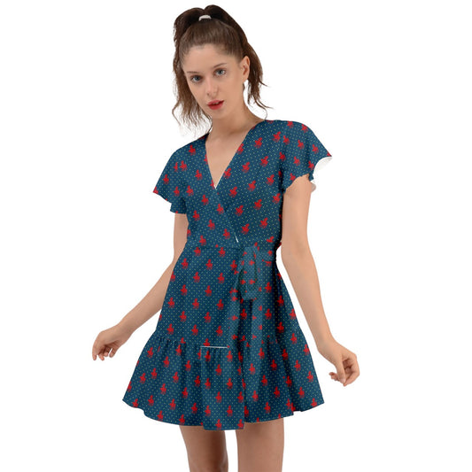 Twilight Rose Flutter Sleeve Wrap Dress