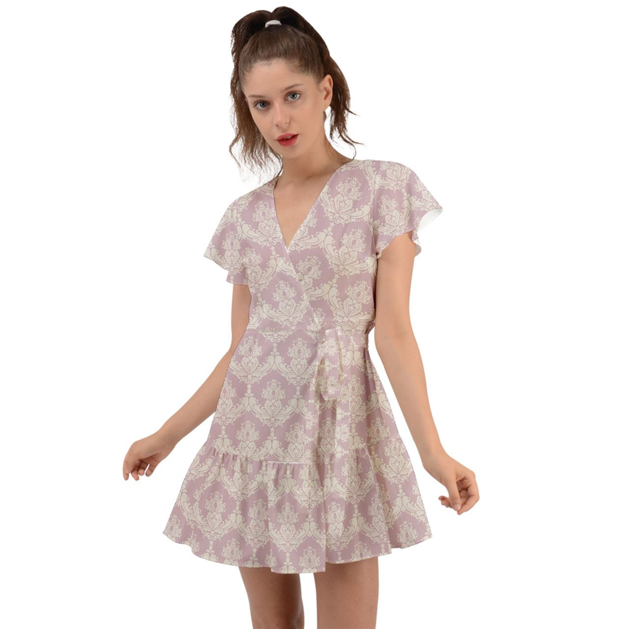 Blushing Beauty Flutter Sleeve Wrap Dress