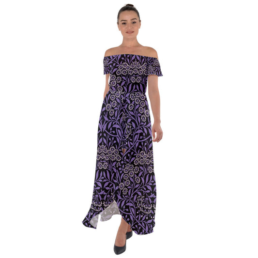Moonlight Bloom Off Shoulder Open Front Chiffon Dress