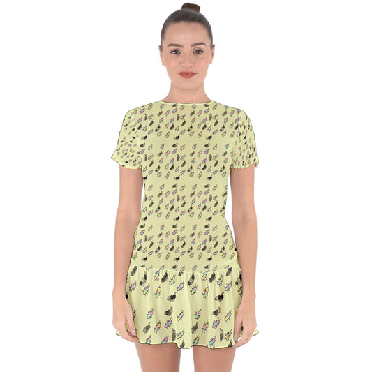 Watercolor Ant Party Drop Hem Mini Chiffon Dress