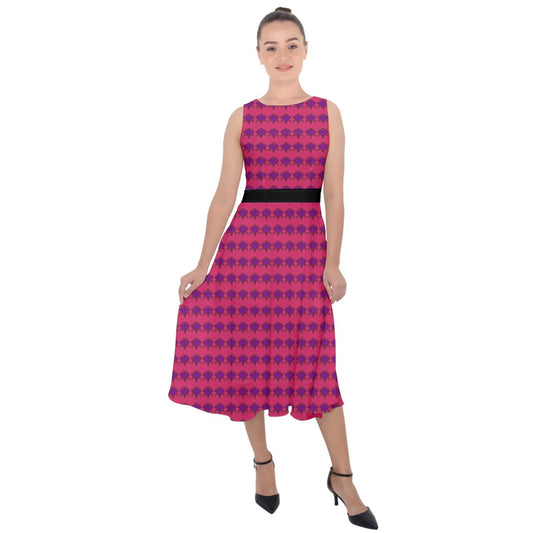 Fuchia Lace Tile Black Belt Tie-Back Chiffon Dress