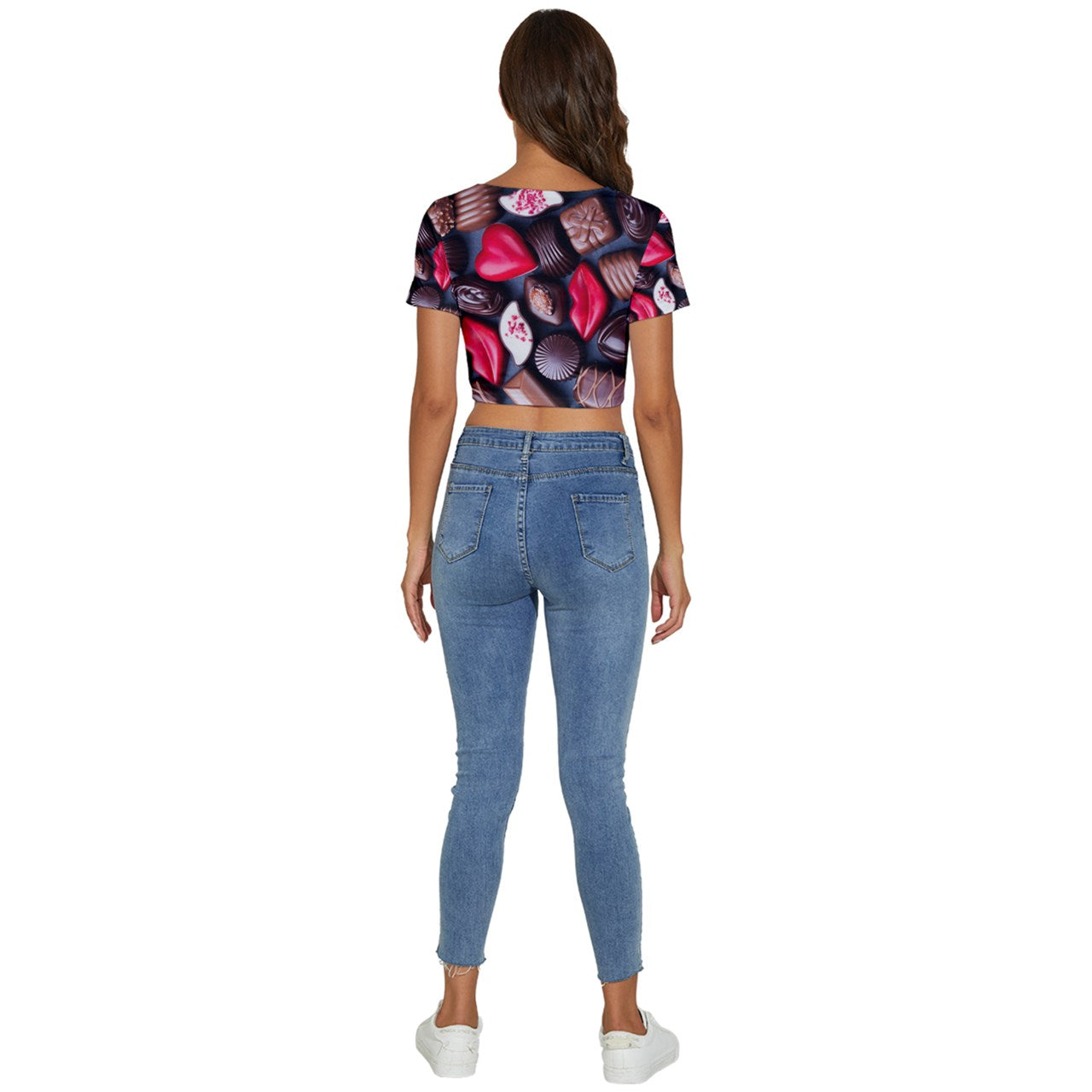 Chocolate Hearts Short Sleeve Square Neckline Crop Top